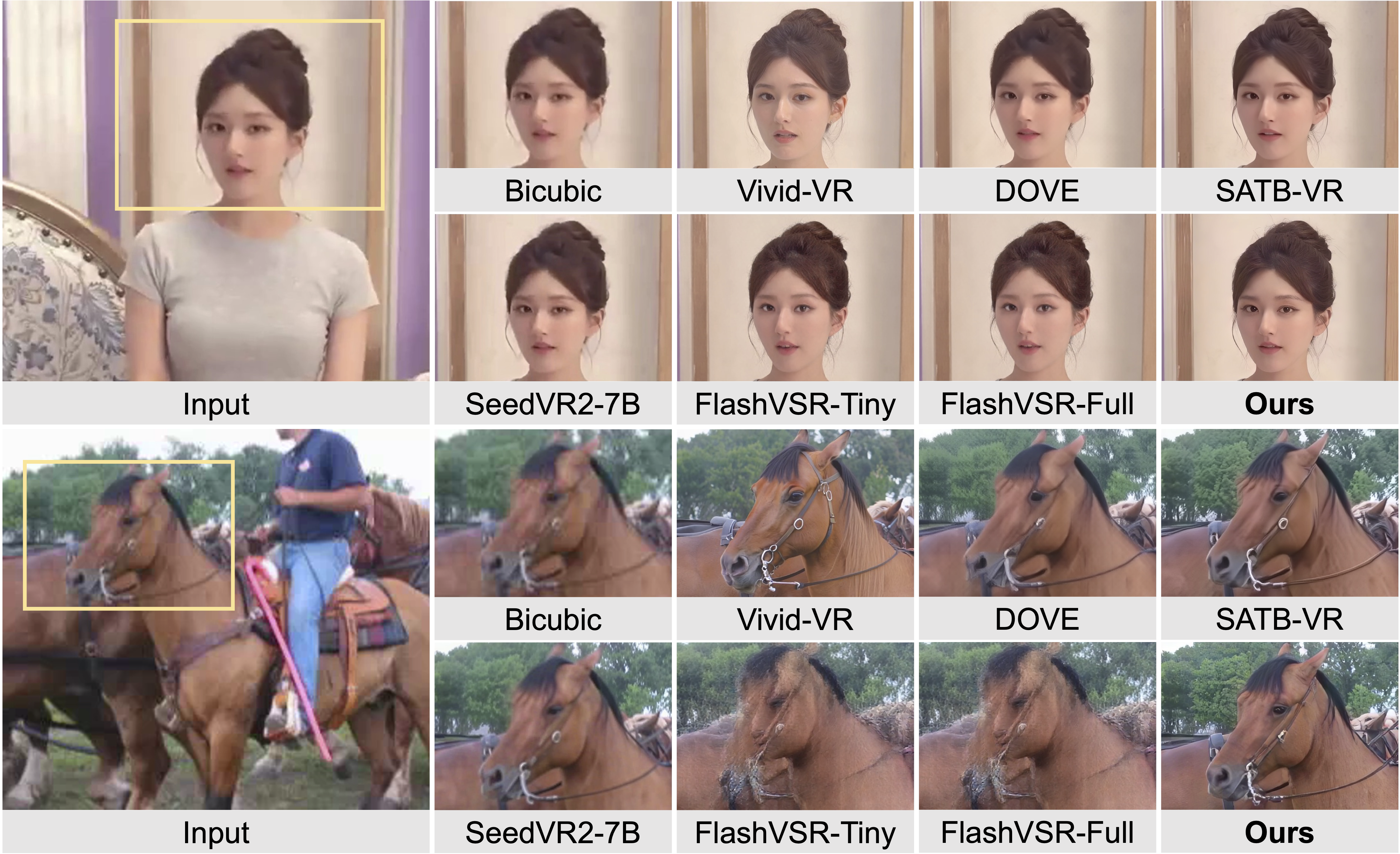 Portraits and horse bridles, comparing the input and enlarged results from different restoration methods.