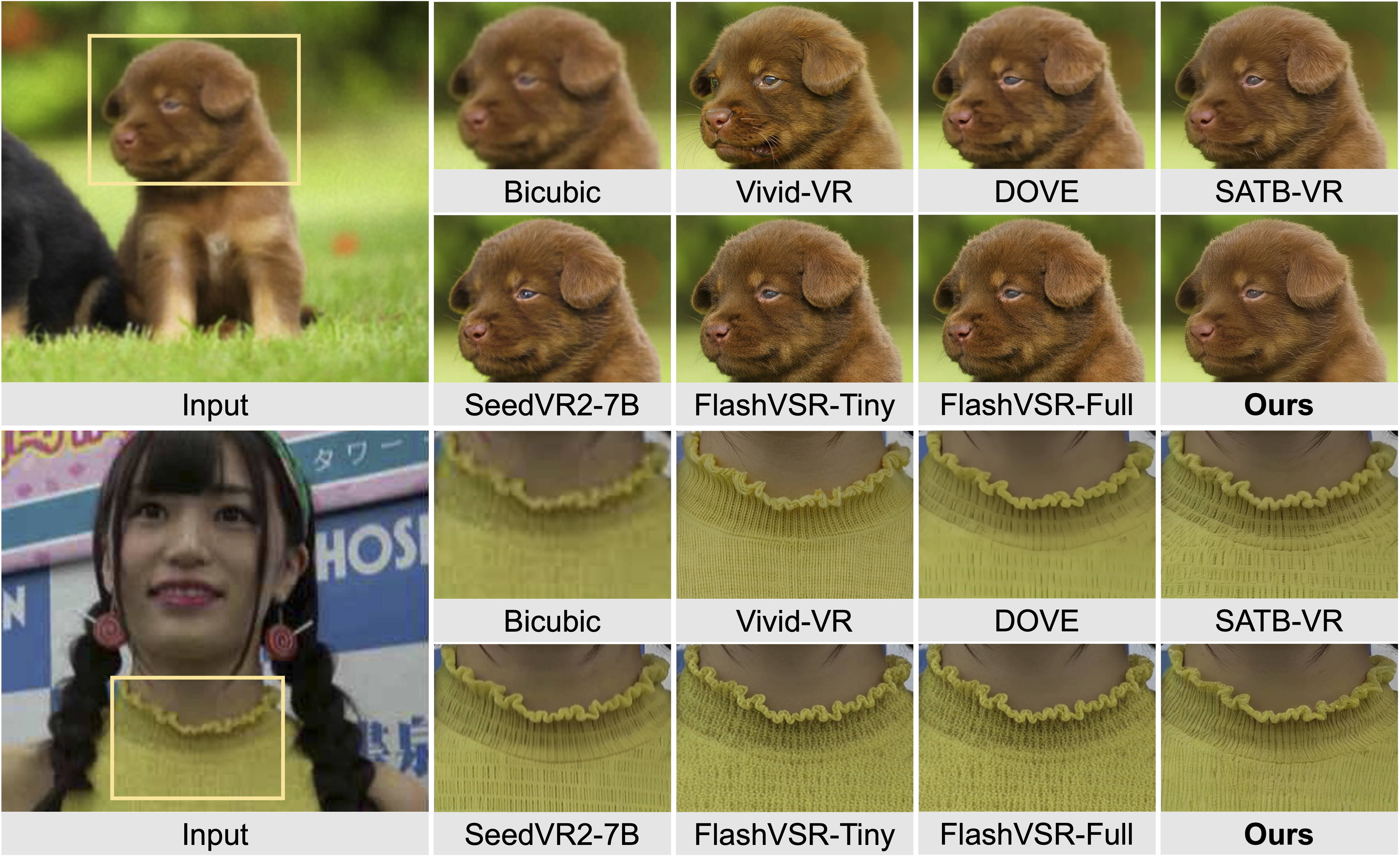 Puppy fur and knitted fabric, comparing the input and enlarged results from different restoration methods.